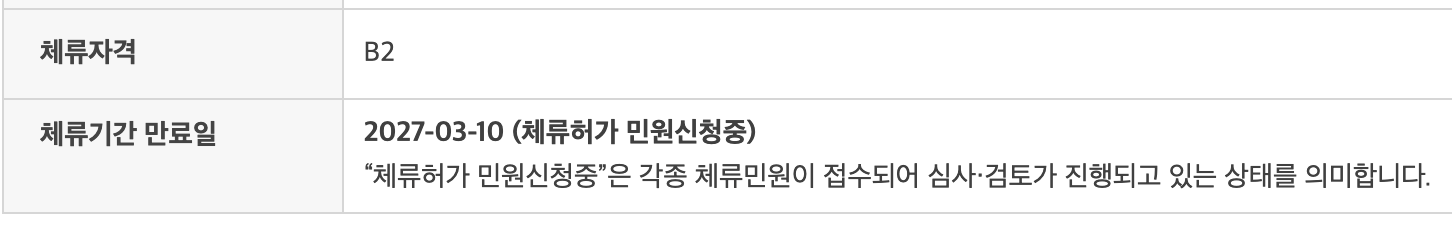 HiKorea 체류만료일 조회 화면. 체류자격 B2, 체류기간 만료일 2027-03-10, 체류허가 민원신청중